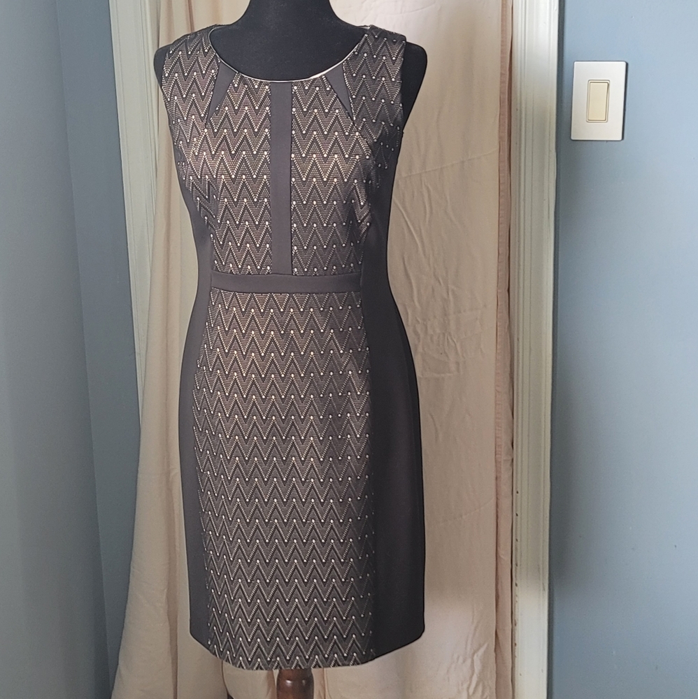 Black geometric overlay sheath dress